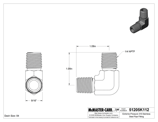 Technical drawing of Extreme-Pressure 316 Stainless Steel Pipe Fitting, 90 Degree Elbow Connector, 1/4 NPTF Male.